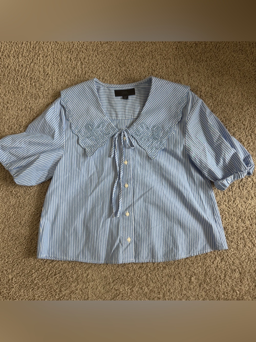 ZARA Embroidered Striped Peter Pan Collar Shirt Blouse